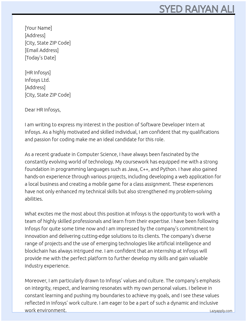 Software Developer Intern At Infosys Cover Letter