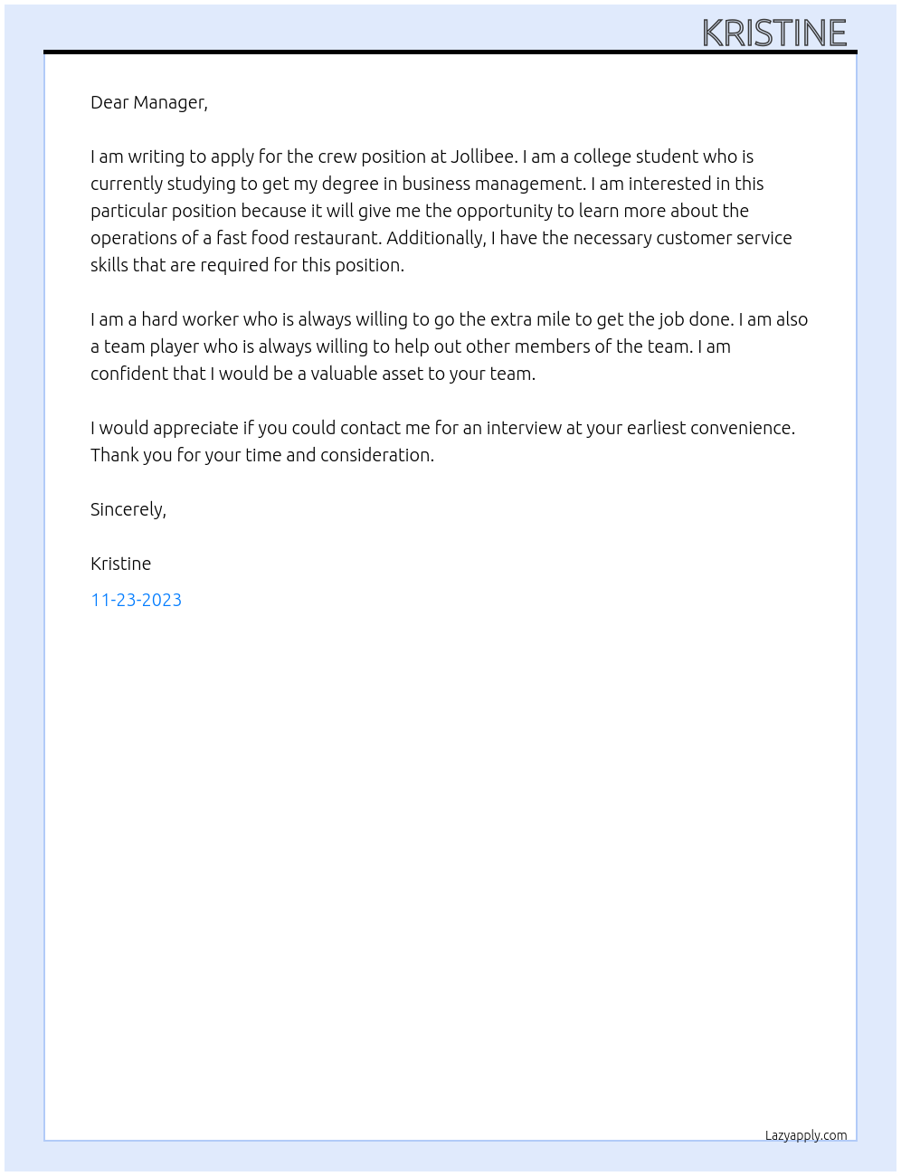 crew At Jollibee Cover Letter