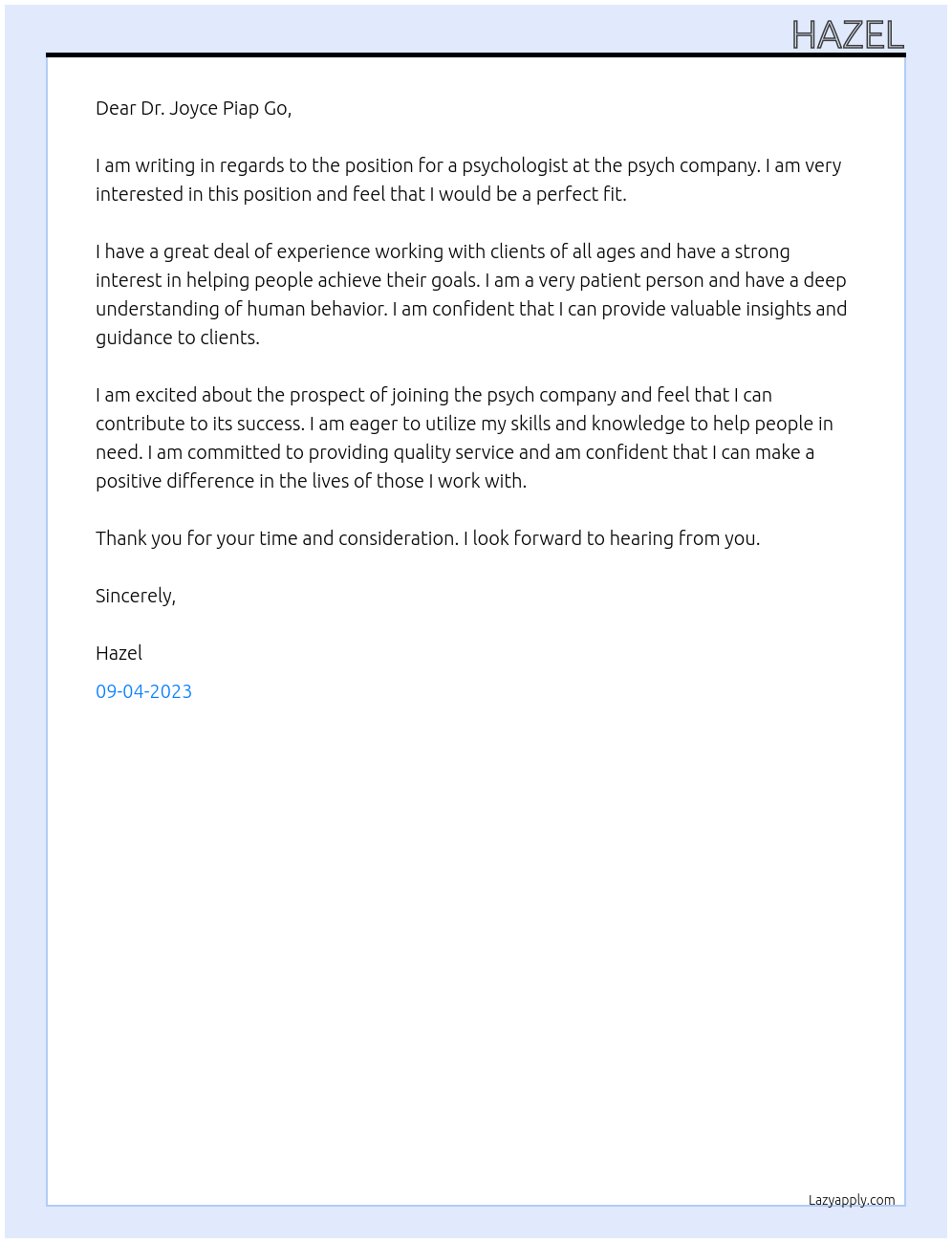 psychology At psych company Cover Letter