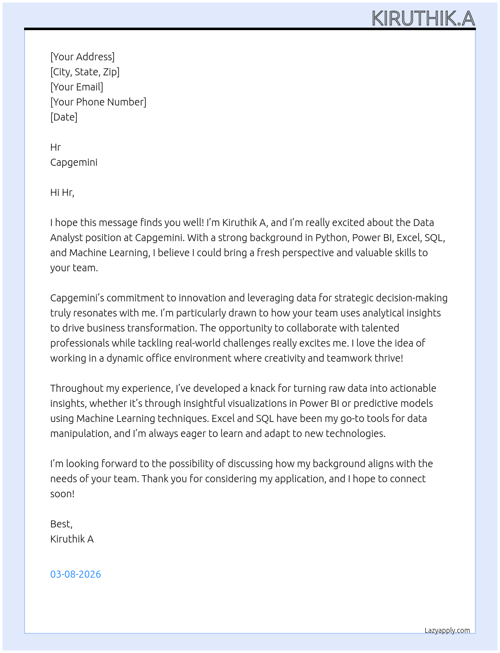 Data Analyst At Capgemini Cover Letter