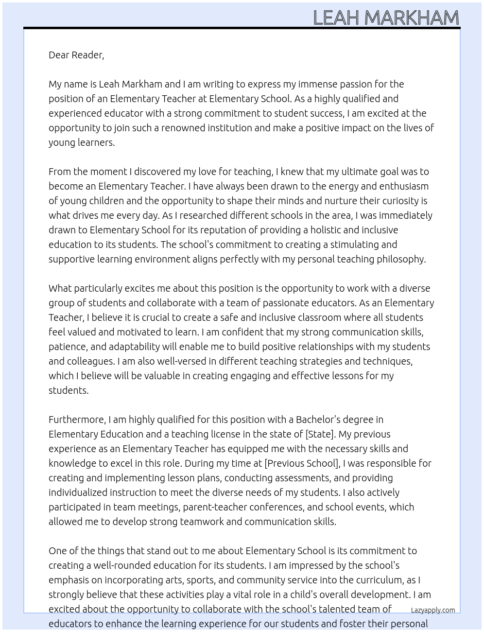 Elementary teacher At Elementary School Cover Letter
