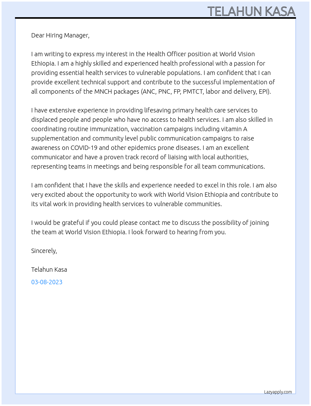 Health Officer At World Vision Ethiopia Cover Letter