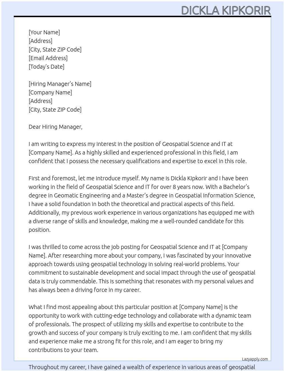 Cover letter for geospatial science and it - LazyApply