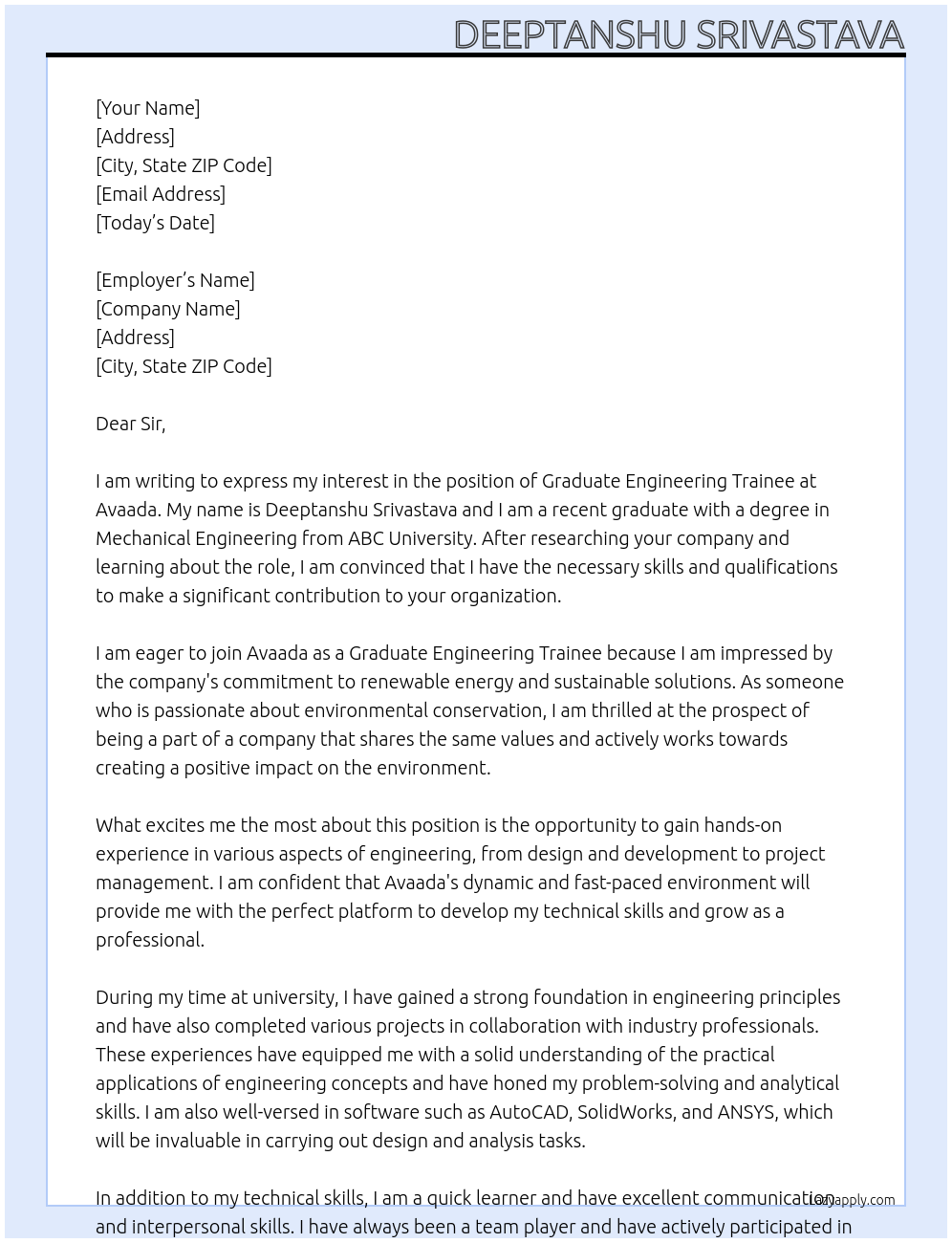 Graduate Engineering Trainee At Avaada Cover Letter
