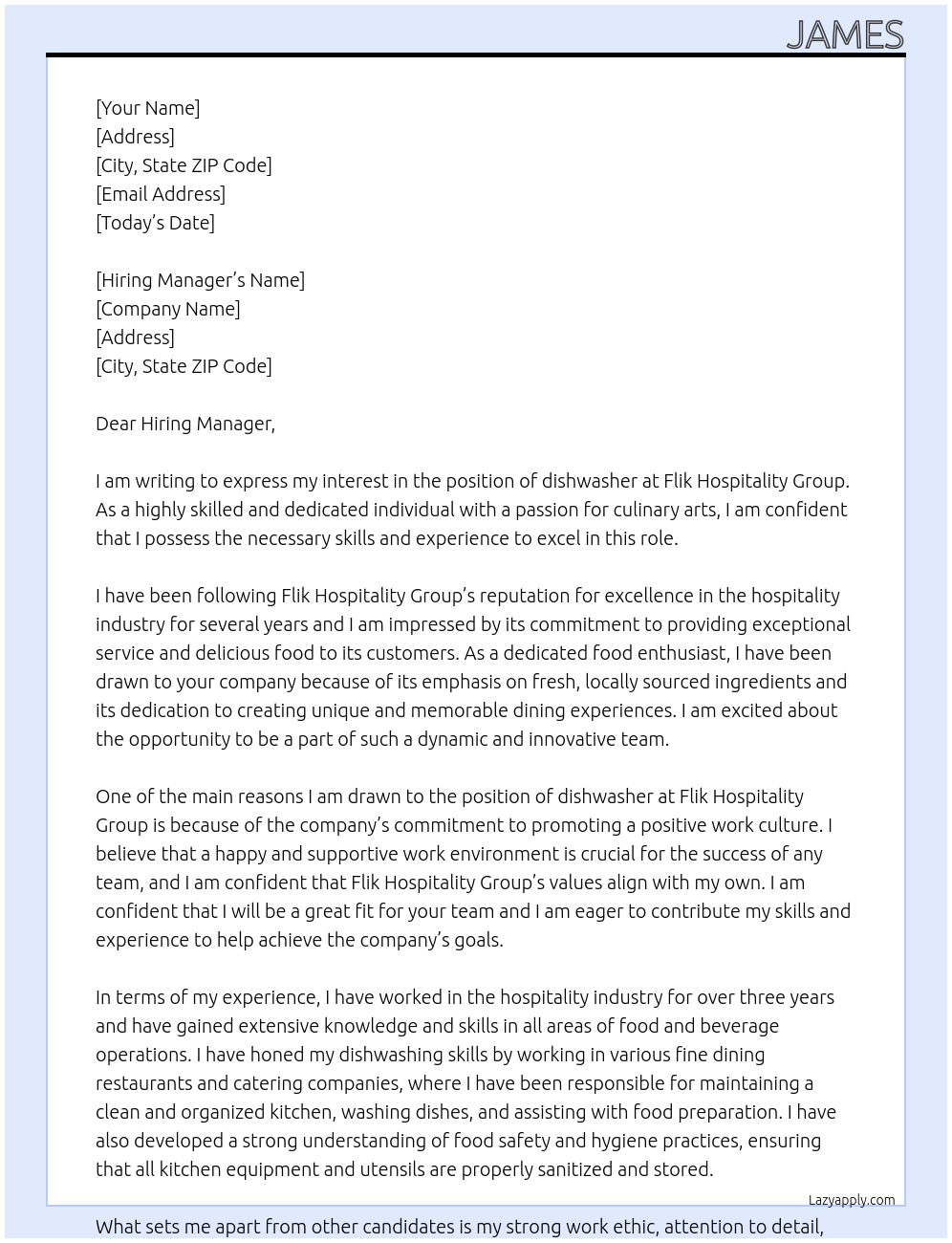 dishwasher At Flik Hospitality Group Cover Letter