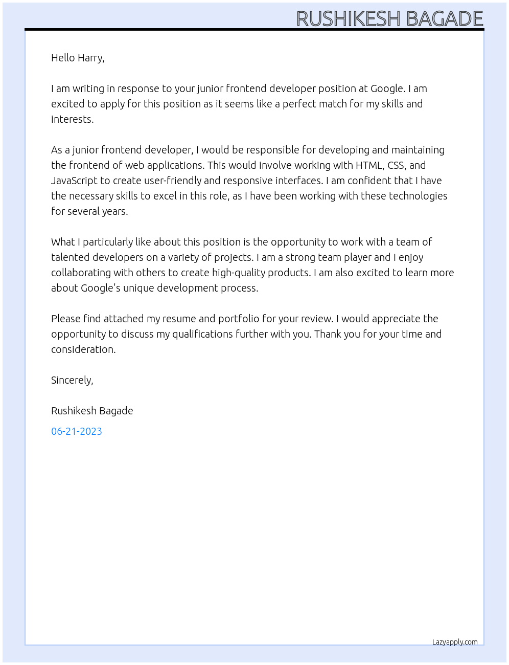junior frontend developer At google Cover Letter