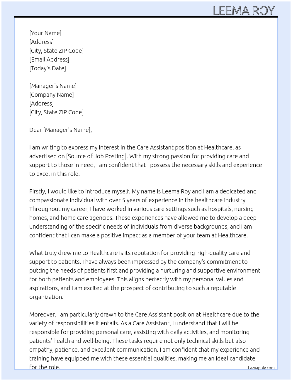 Care Assistant  At Healthcare  Cover Letter