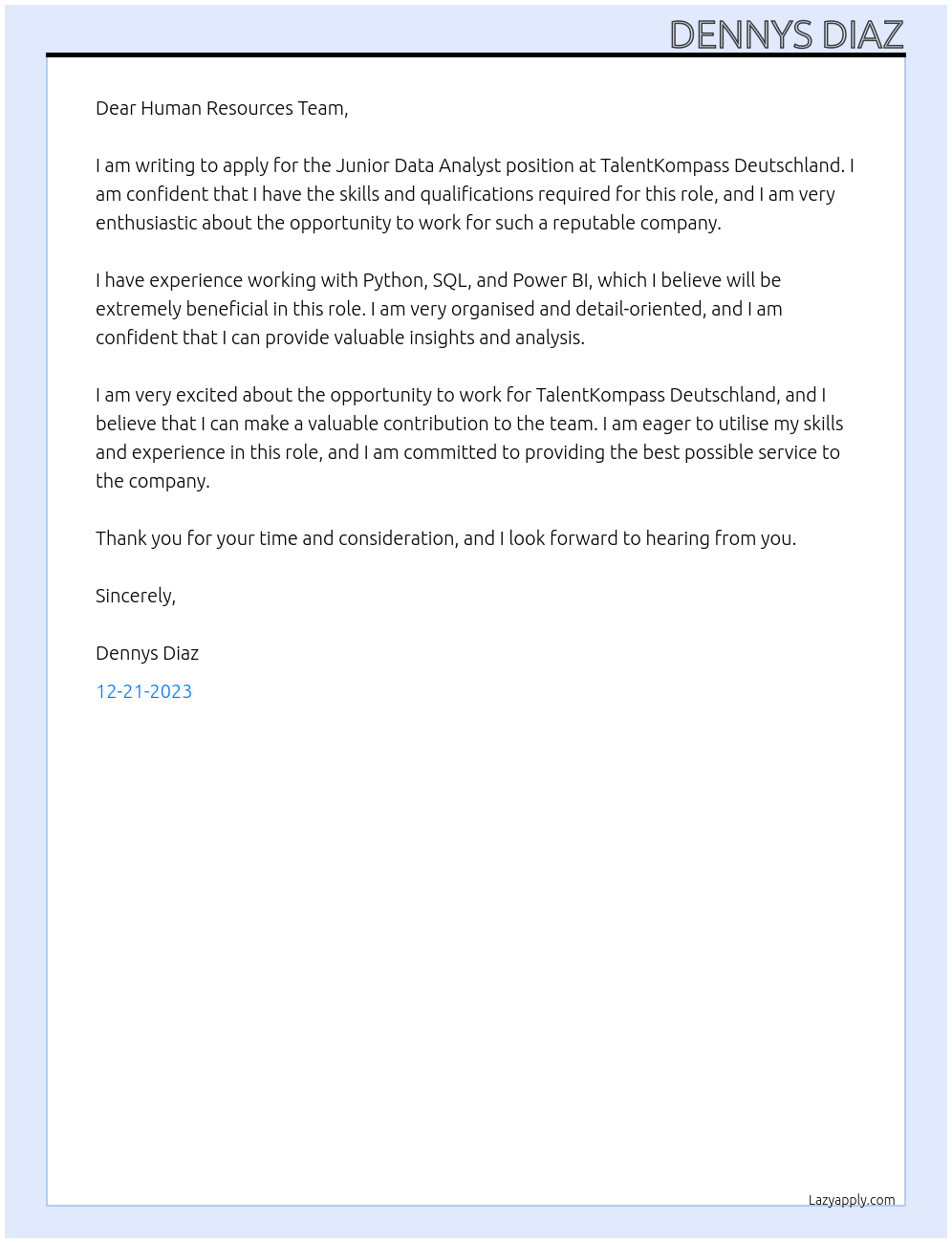 Junior Data Analyst At TalentKompass Deutschland Cover Letter