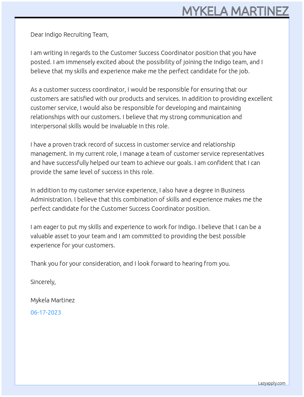 Customer Success Coordinator  At Indigo Cover Letter