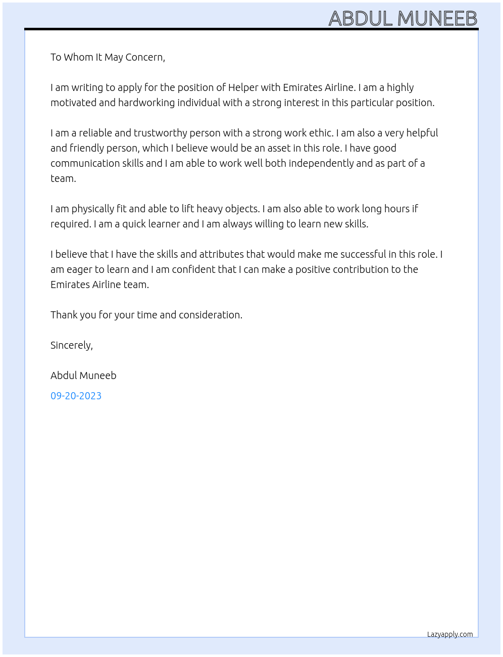 Helper At Emirates Airline Cover Letter