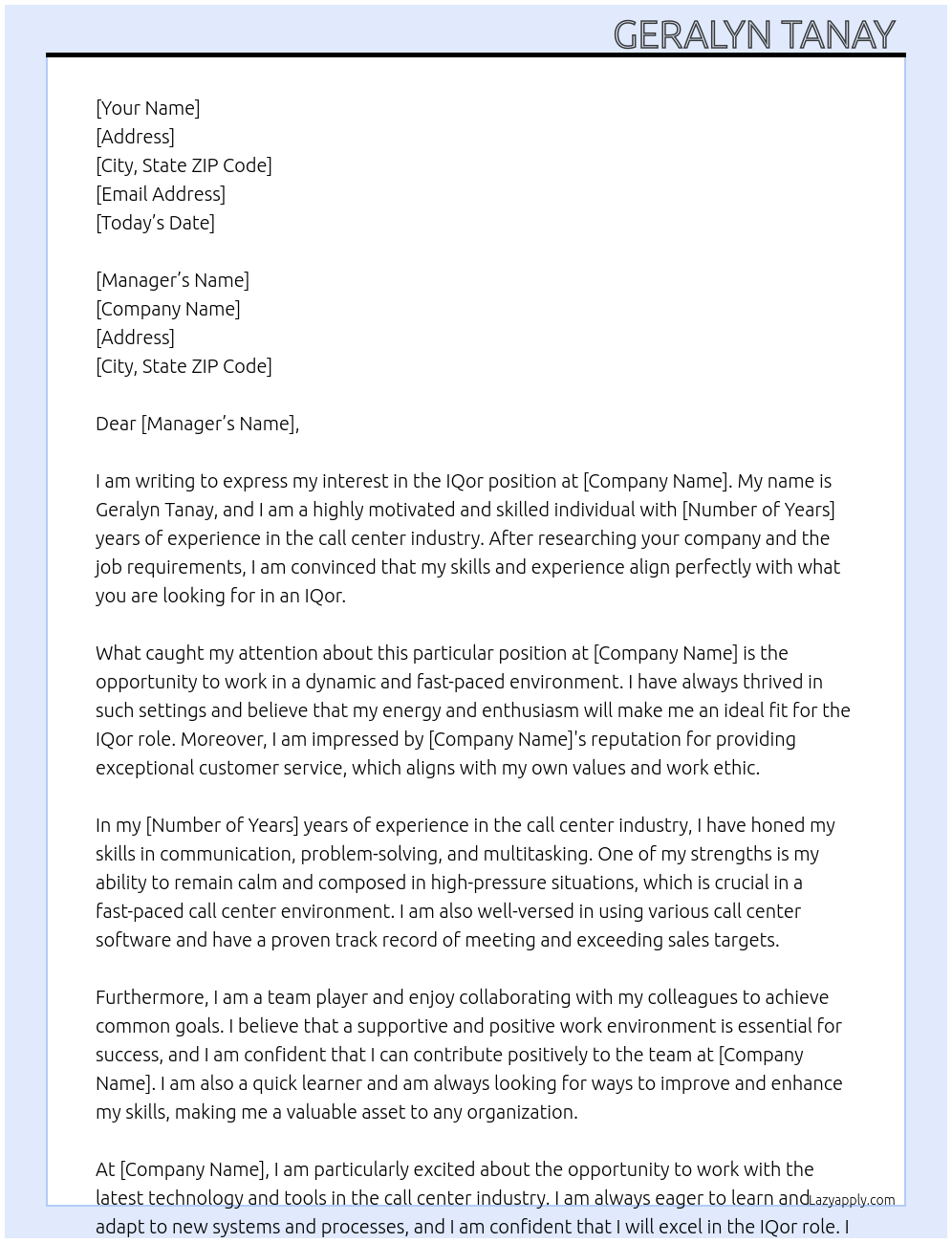 IQor At Call center Cover Letter