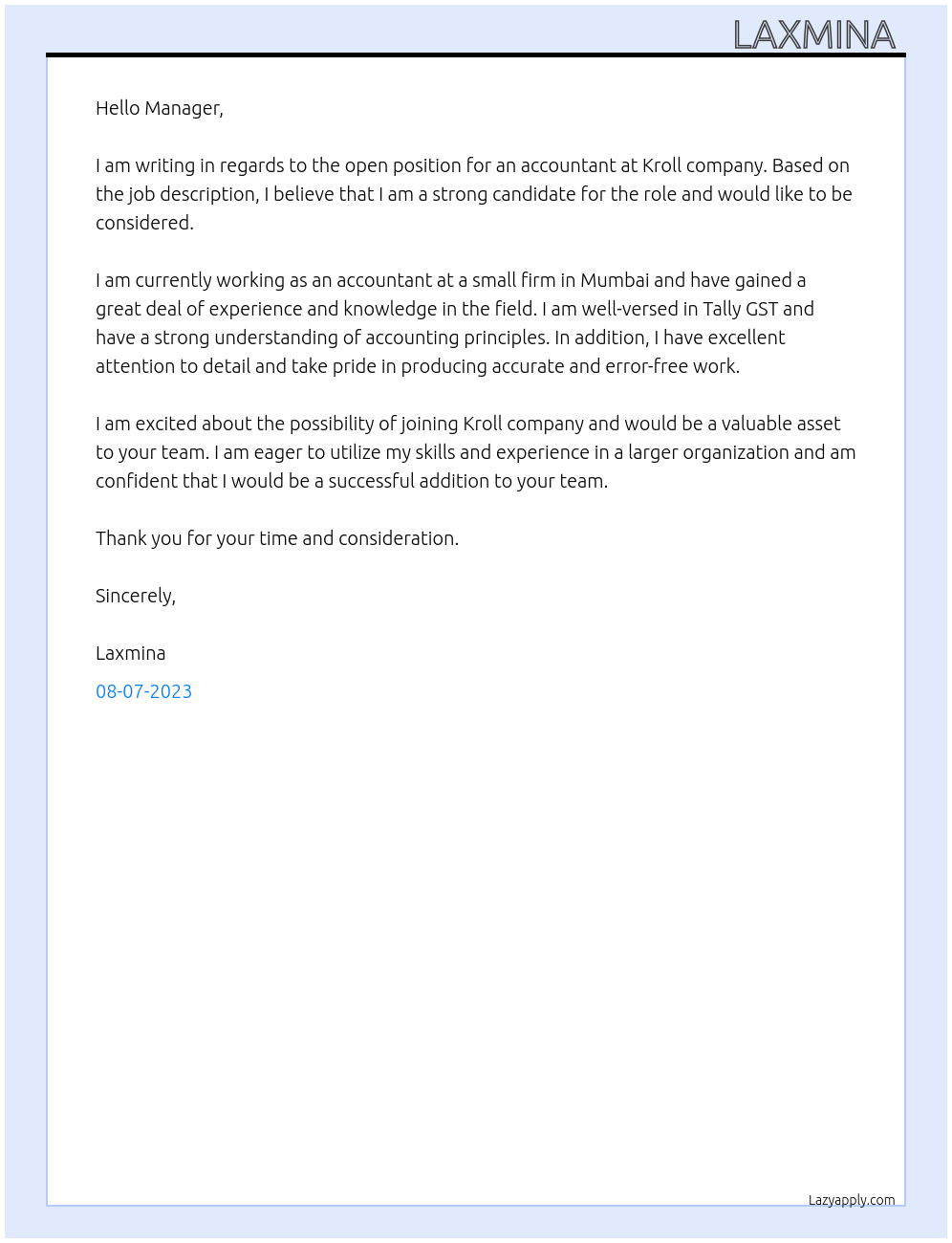 Accounting At Kroll company Cover Letter