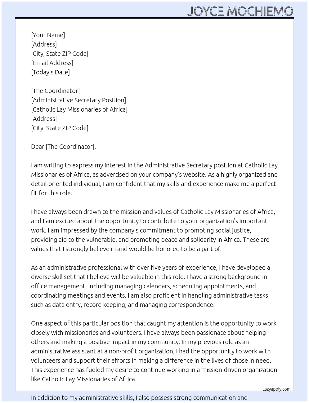 Administrative Secretary At Catholic Lay Missionaries of Africa Cover Letter