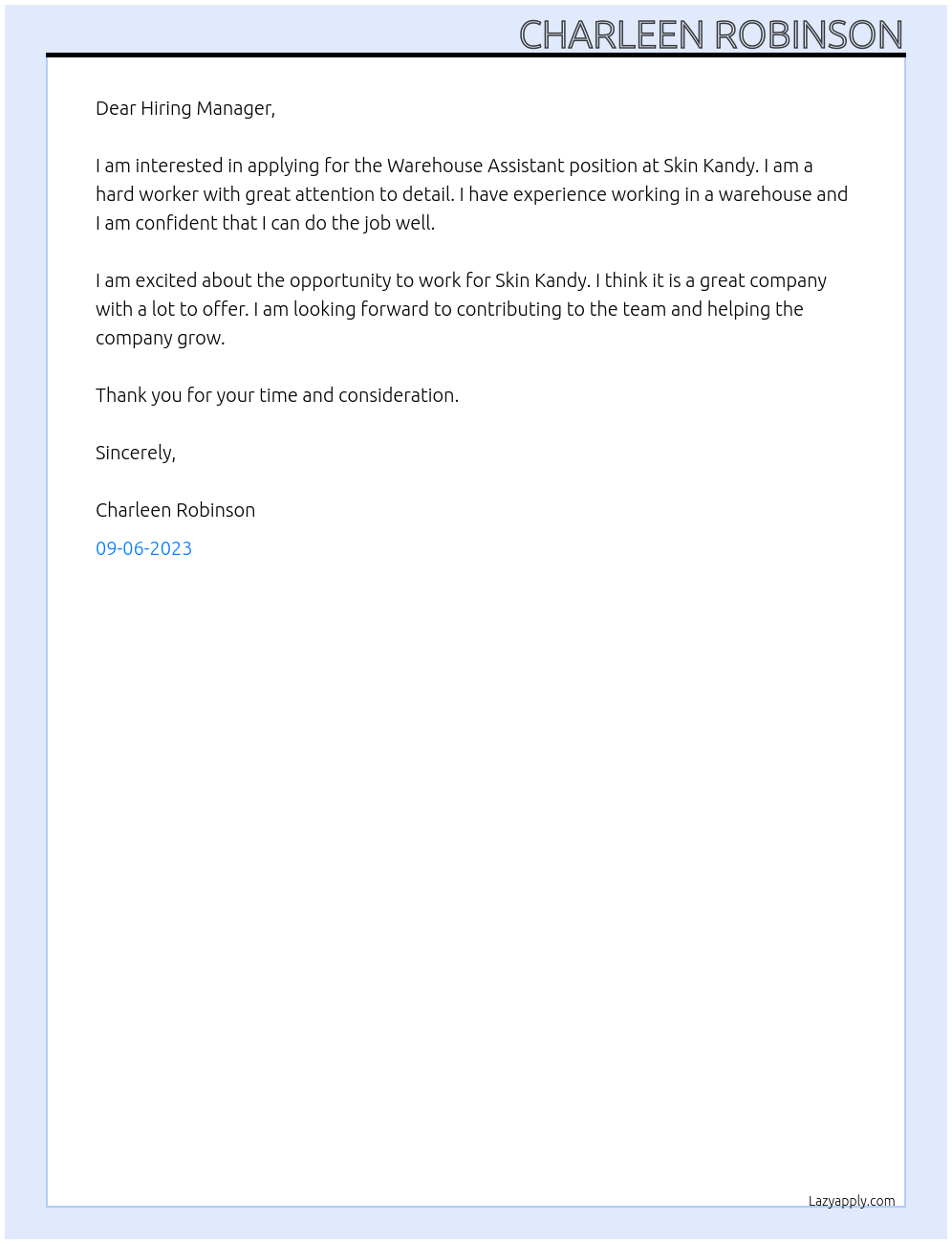 Warehouse Assistant  At Skin Kandy  Cover Letter