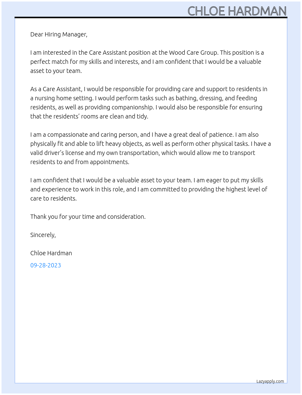 Care Assistant At Wood Care Group Cover Letter