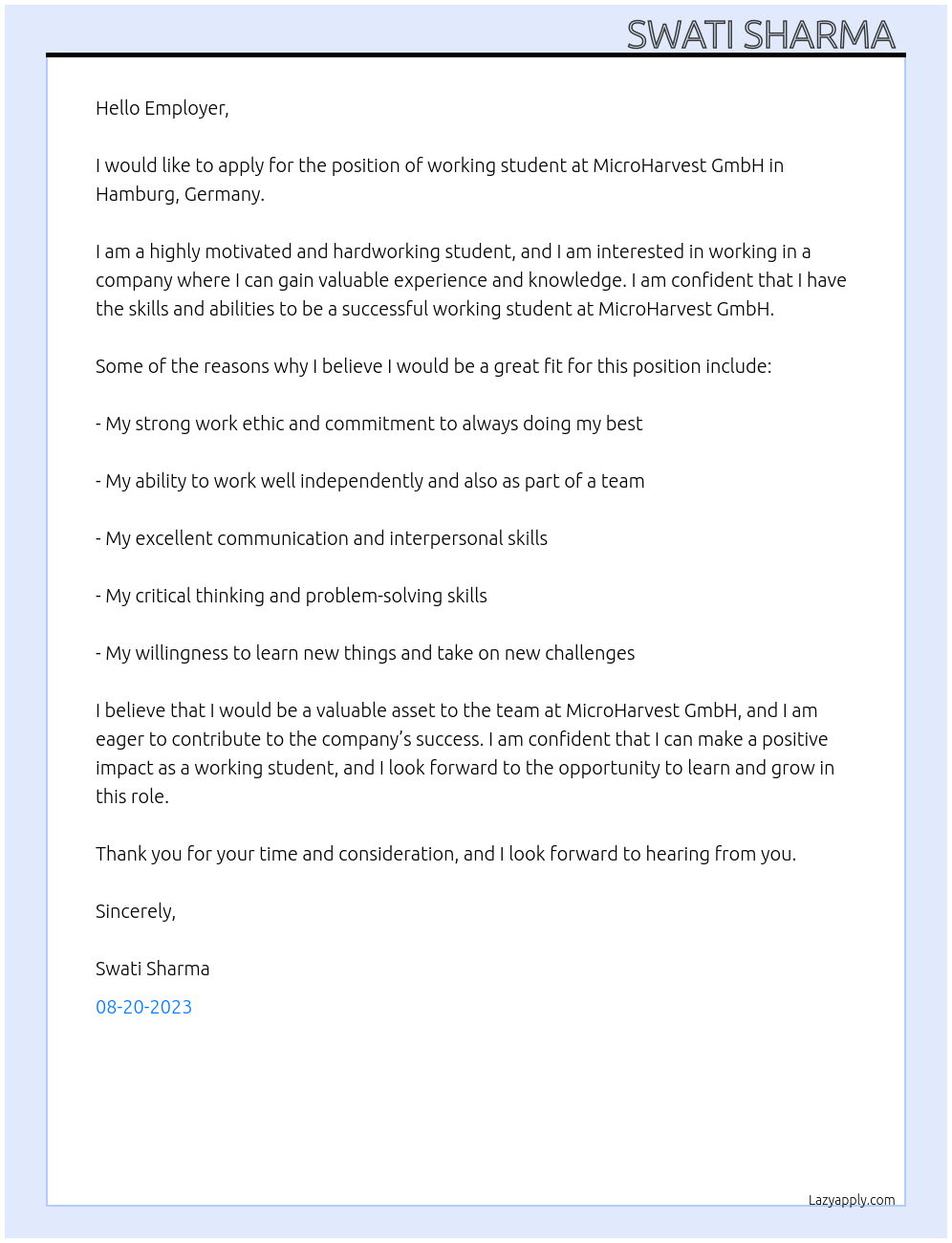 working student At MicroHarvest GmbH - Hamburg, Germany Cover Letter