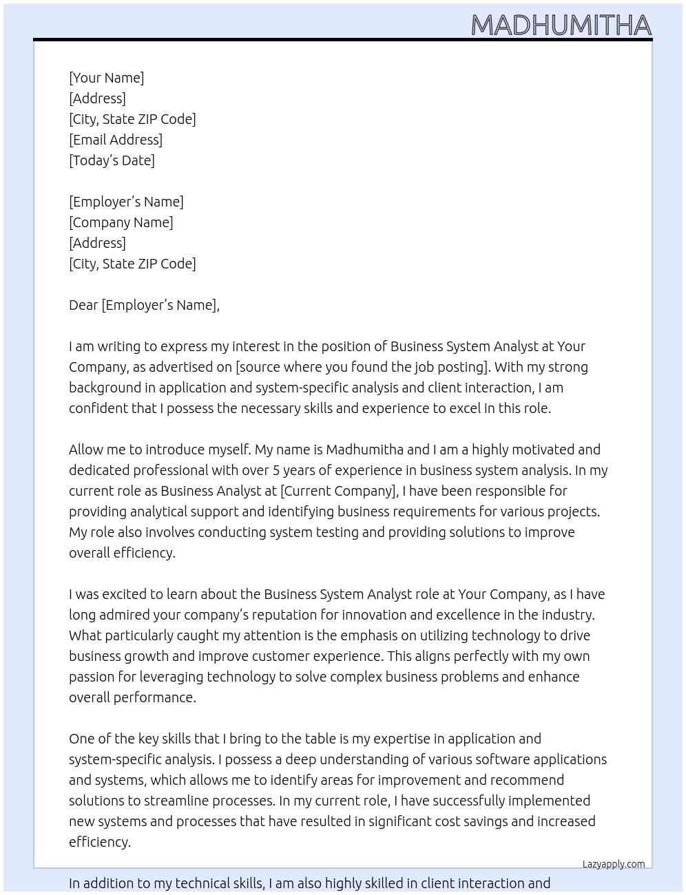 Business System Analyst At Your Company Cover Letter