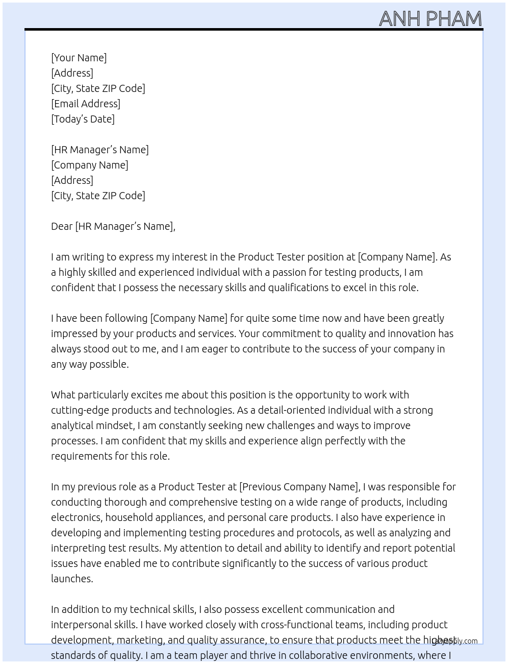 Product tester At private job Cover Letter