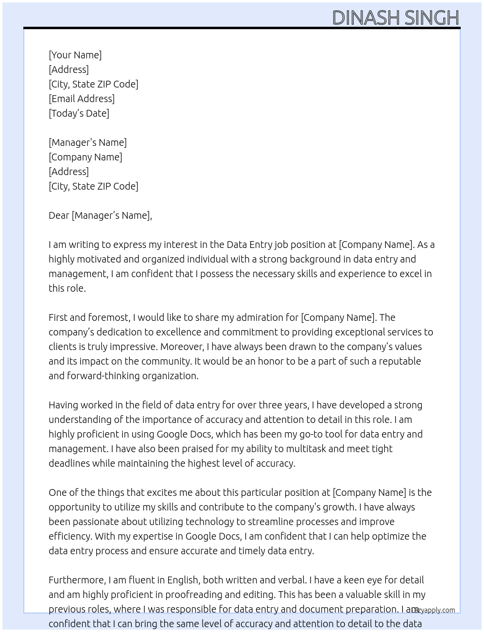 Data entry job At United States Cover Letter