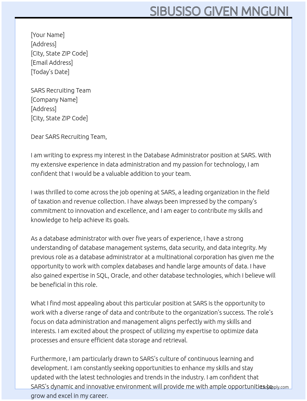 Database administrator At SARS Cover Letter