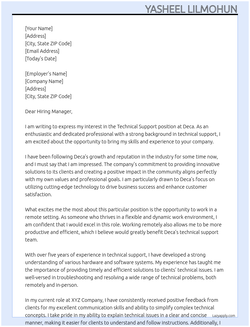 Technical support At Deca Cover Letter