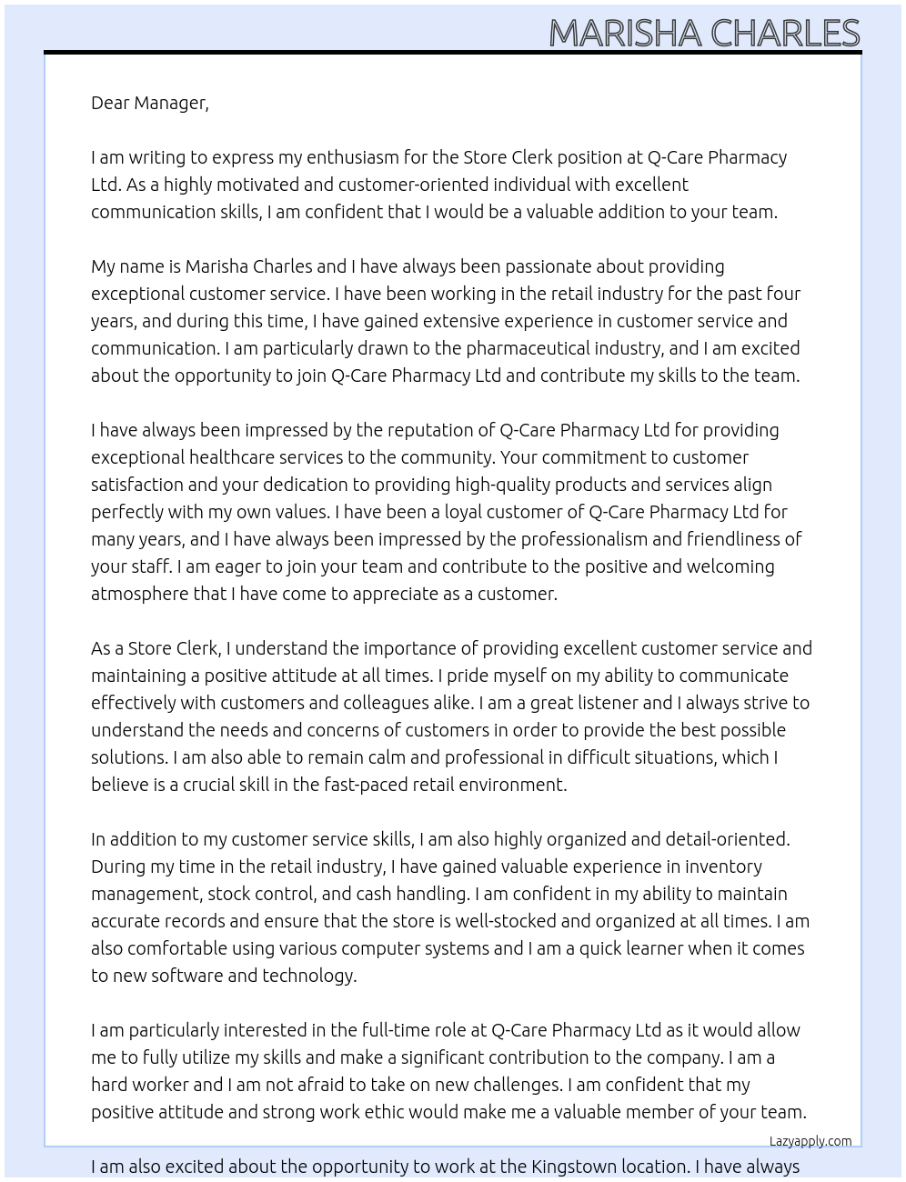 Store clerk At Q-Care Pharmacy Ltd Cover Letter