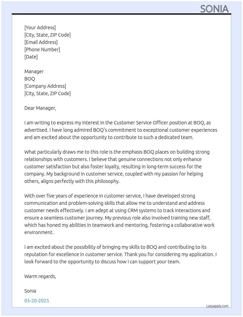 Customer service officer  At BOQ Cover Letter