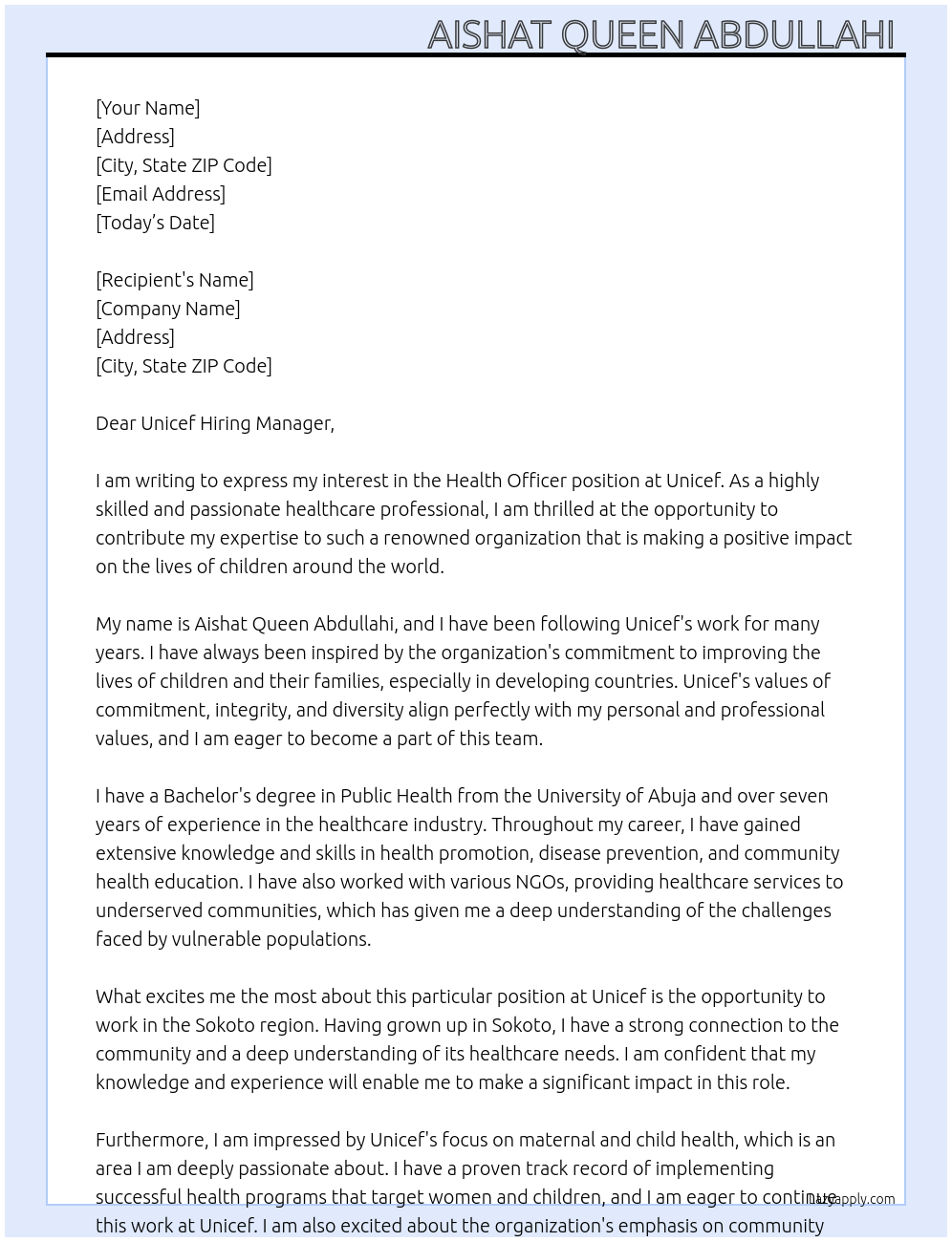 Health Officer At Unicef Cover Letter