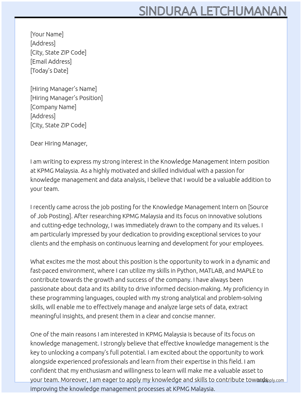 Knowledge Management Intern At KPMG Malaysia Cover Letter