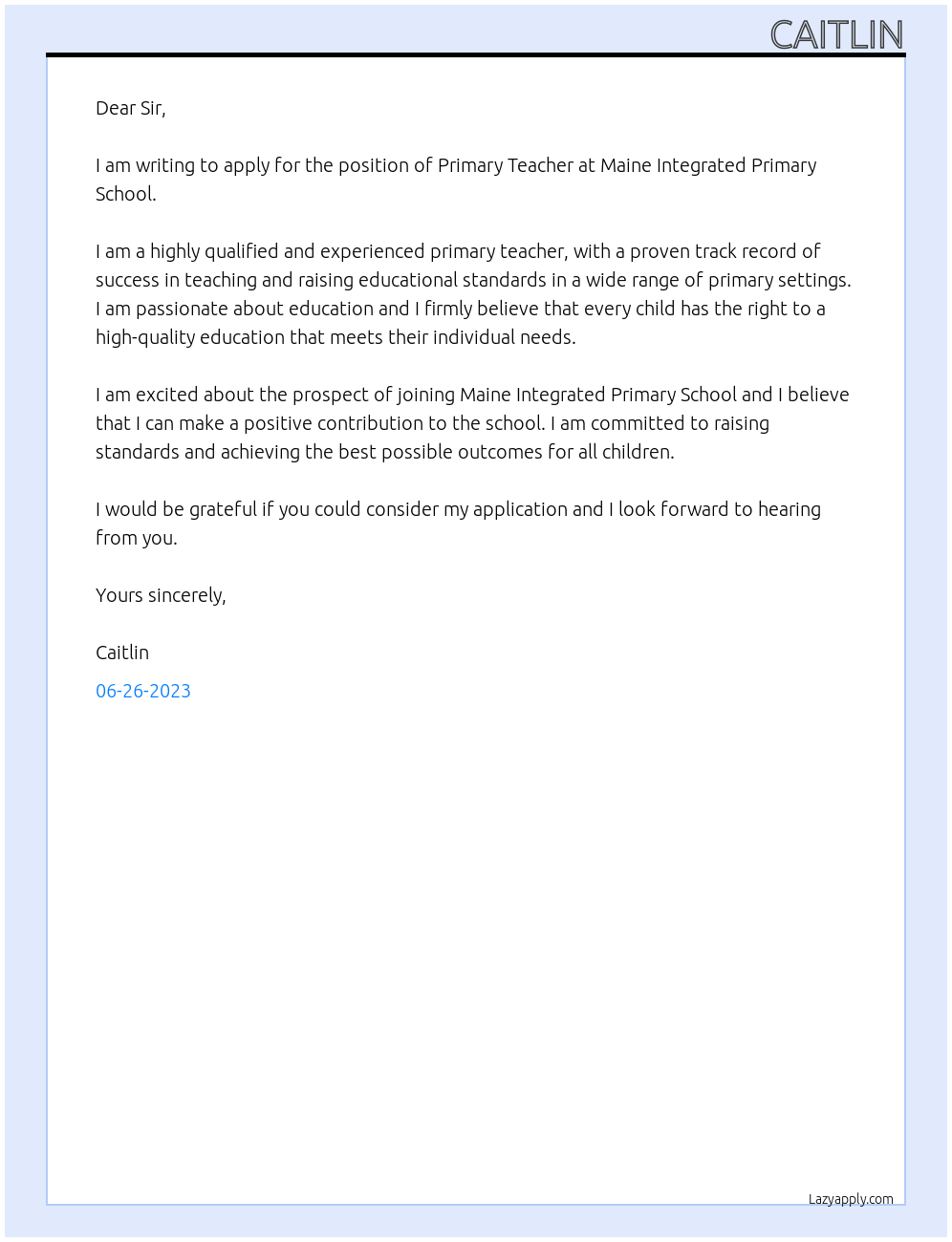 Primary Teacher At Maine Integrated Primary School Cover Letter