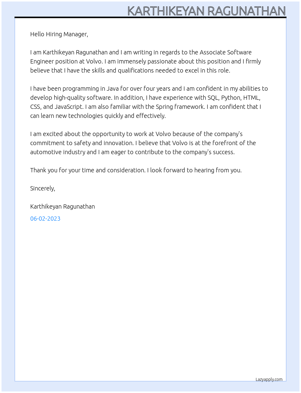 Associate Software Engineer  At Volvo  Cover Letter