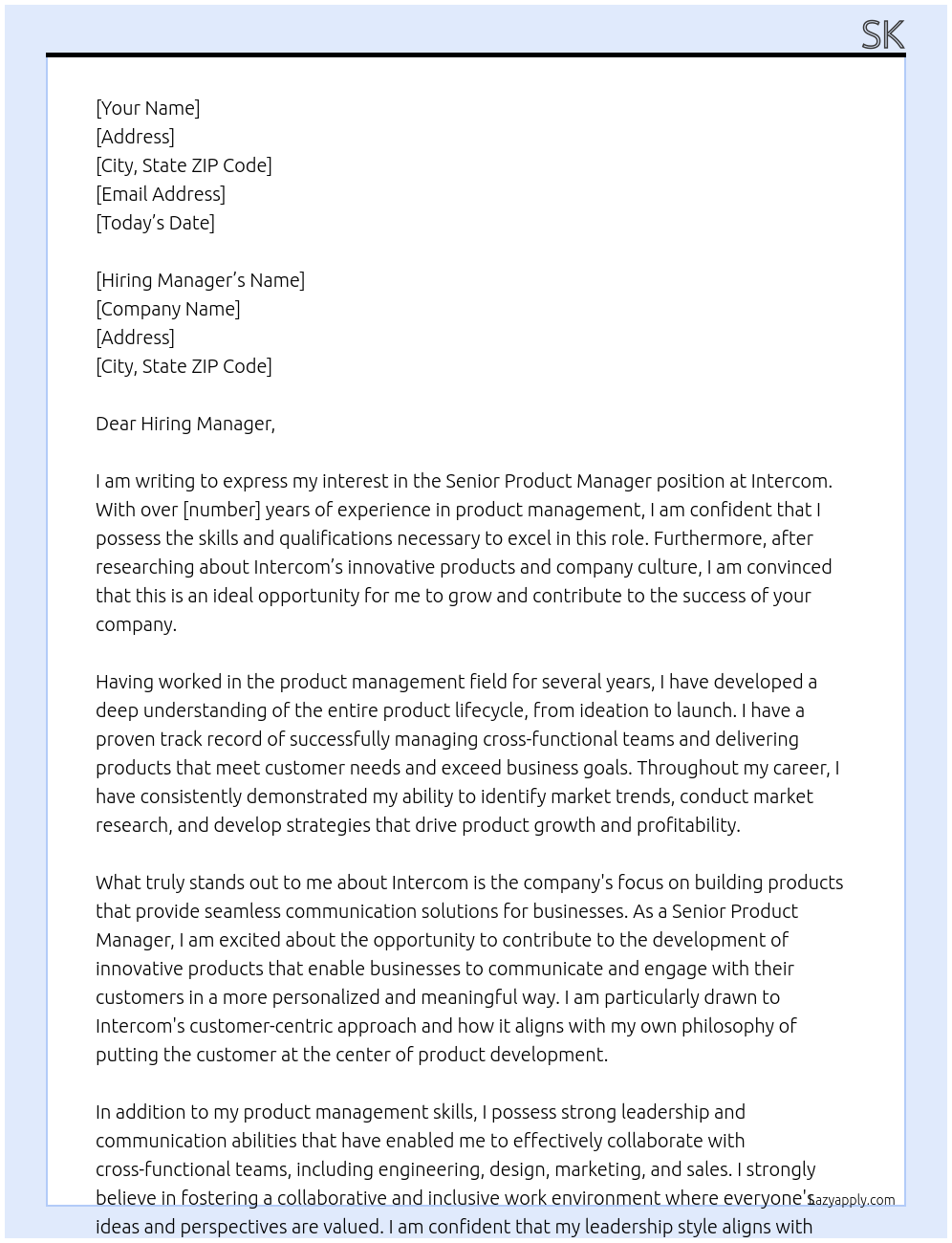 Senior Product Manager At Intercom Cover Letter