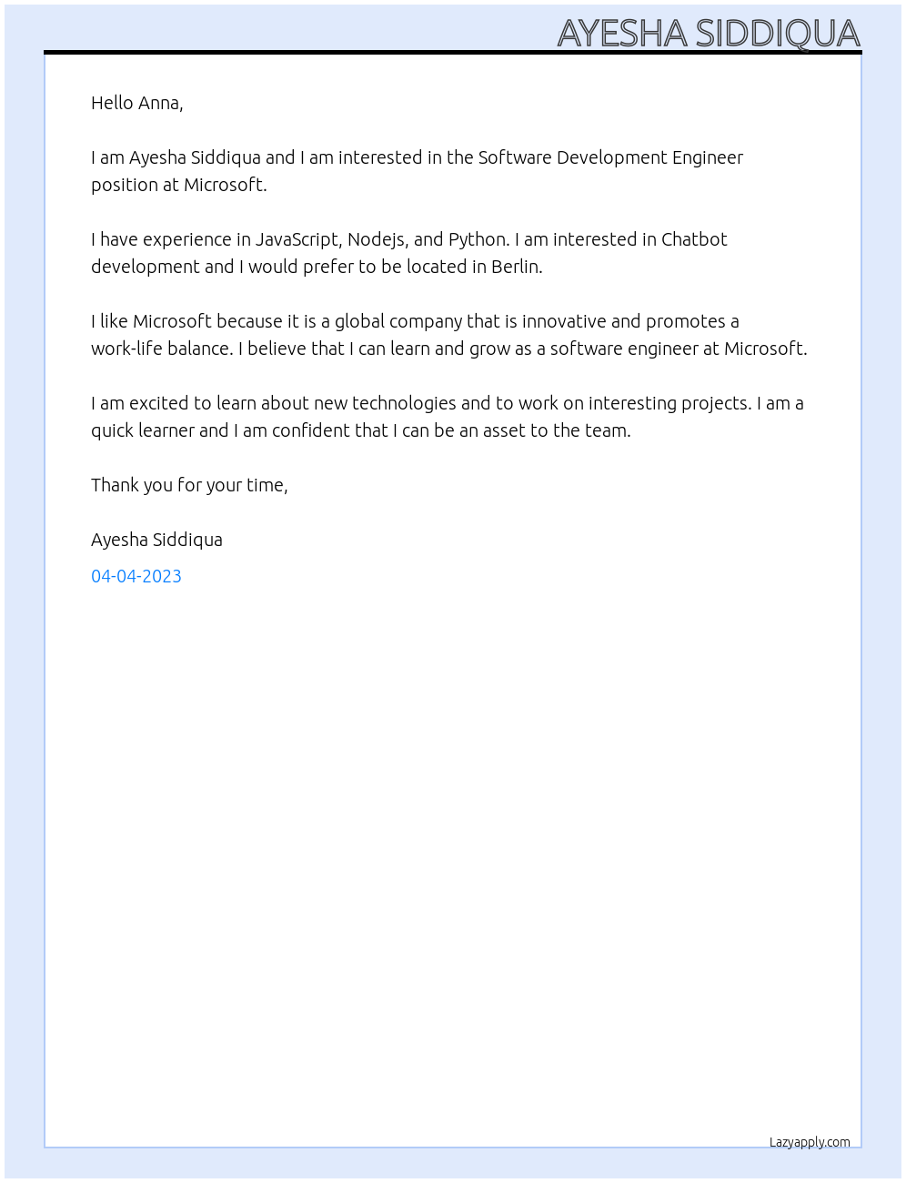 Software Development Engineer At Microsoft Cover Letter