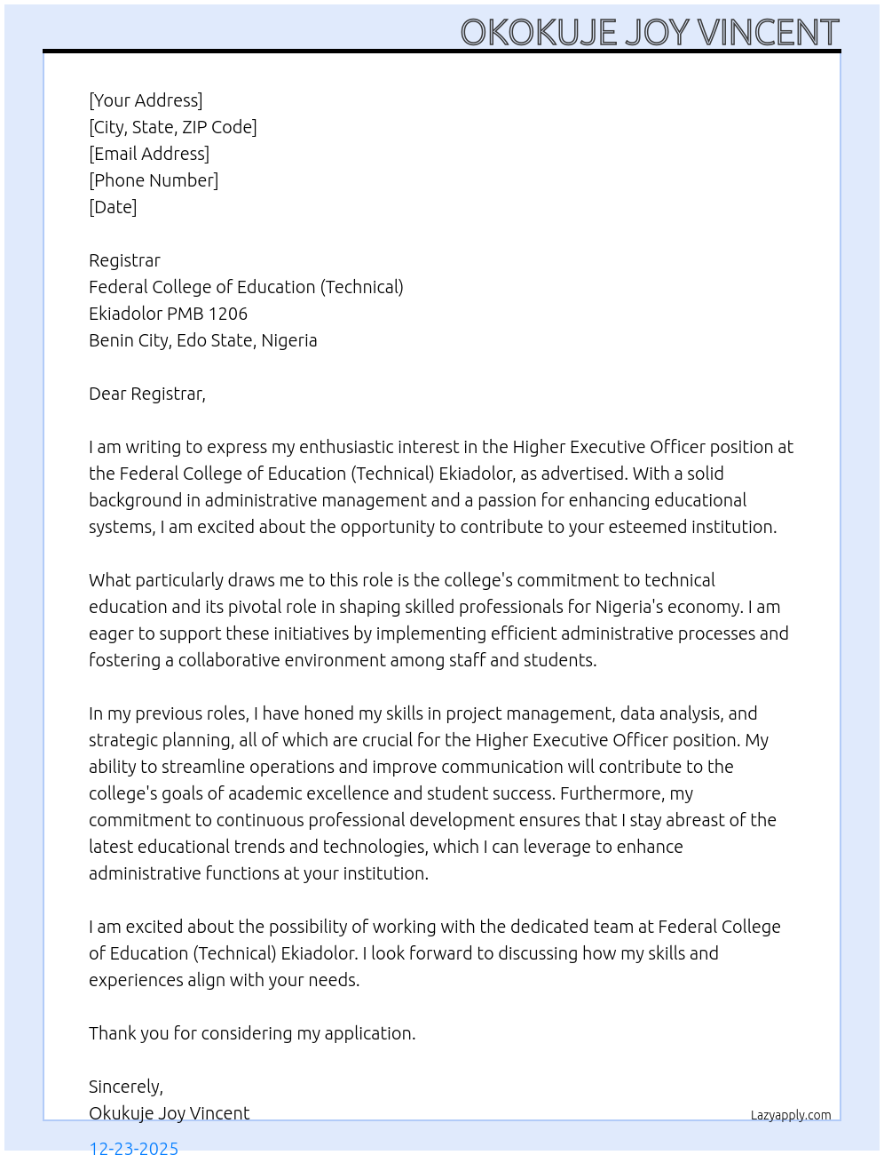 Cover letter for higher executive officer - LazyApply