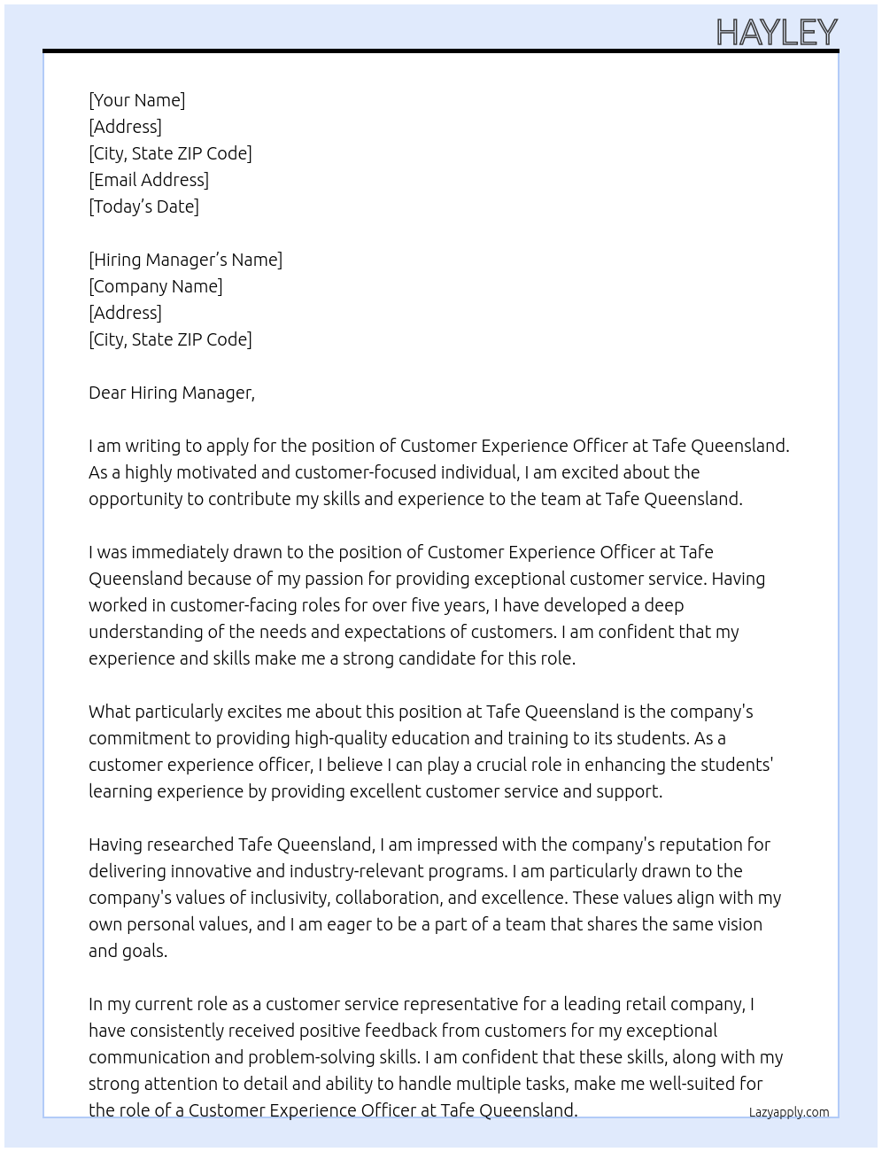 Customer Experience Officer At Tafe Queensland Cover Letter