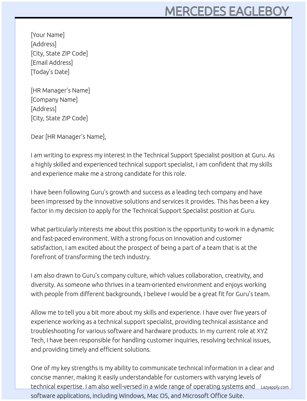 Technical Support Specialist At Guru Cover Letter