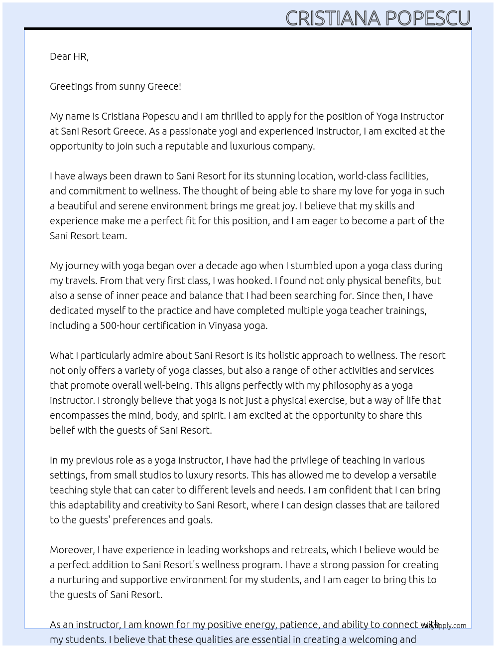 yoga instructor At Sani Resort Greece Cover Letter