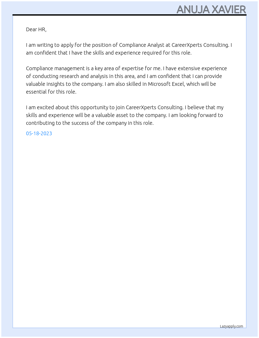 Compliance Analyst At CareerXperts Consulting Cover Letter