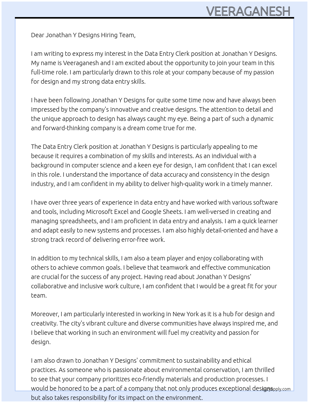 Data entry clerk At Jonathan y designs Cover Letter