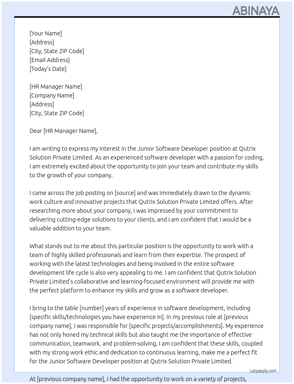 Junior Software developer At Qutrix Solution Private Limited Cover Letter