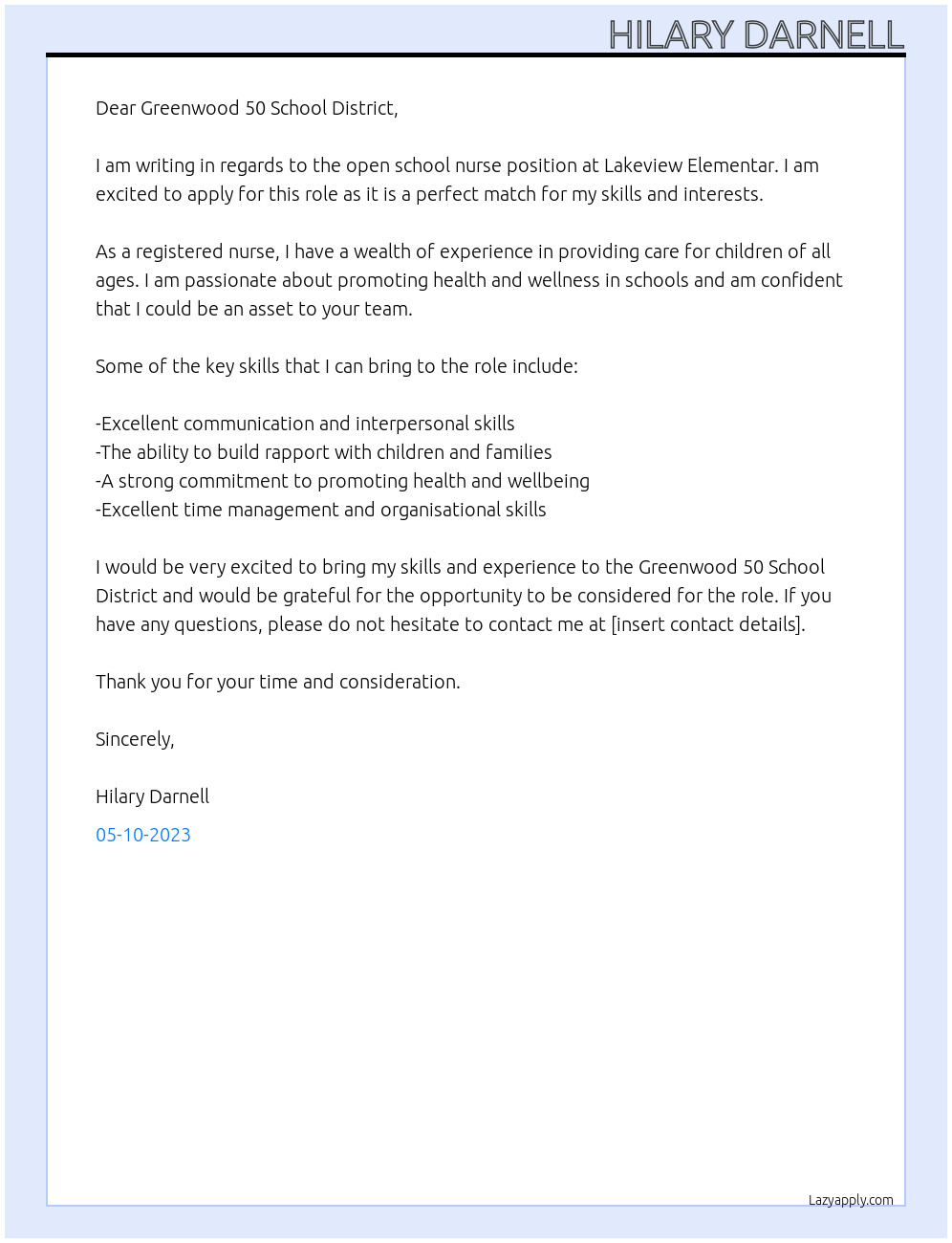 School Nurse At Greenwood 50 School District Cover Letter