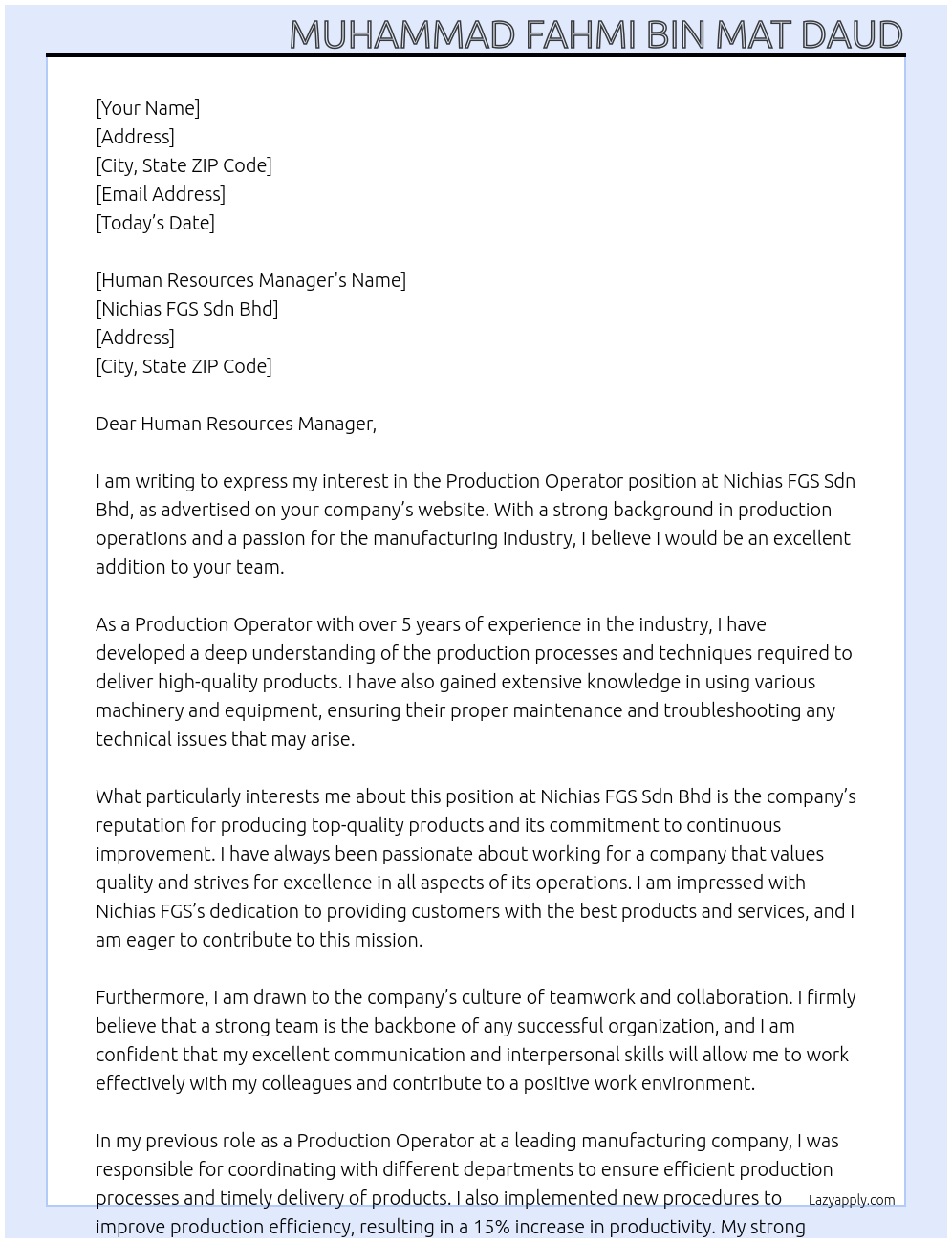 Production Operator At Nichias FGS Sdn Bhd Cover Letter