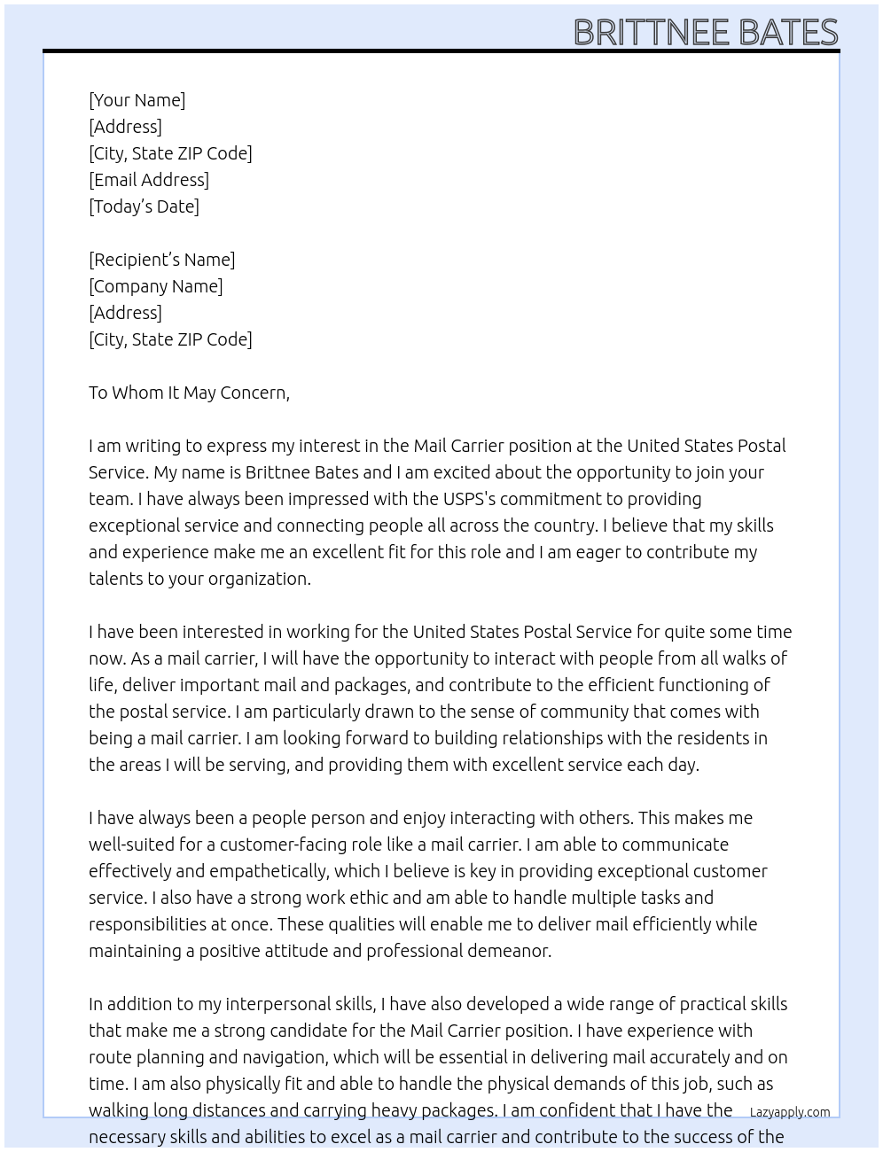 Mail Carrier At United States Postal Service  Cover Letter