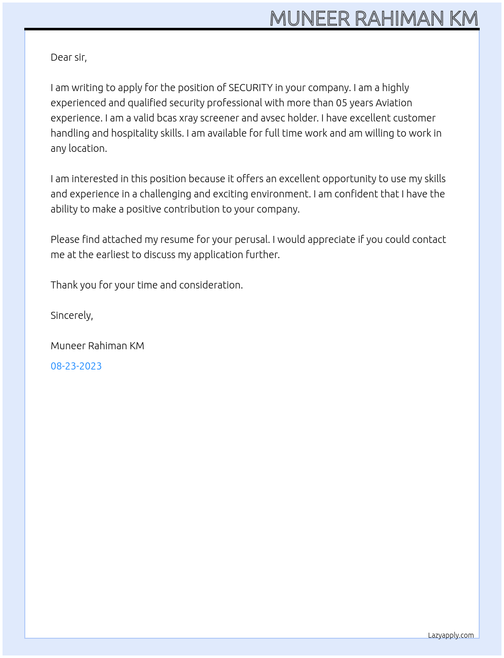 SECURITY  At Cruise ships Cover Letter