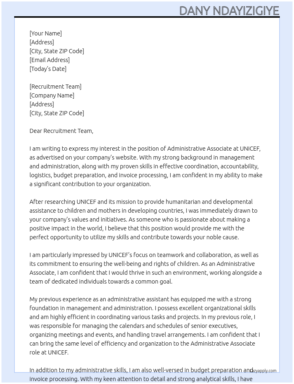 Administrative Associate At UNICEF Cover Letter