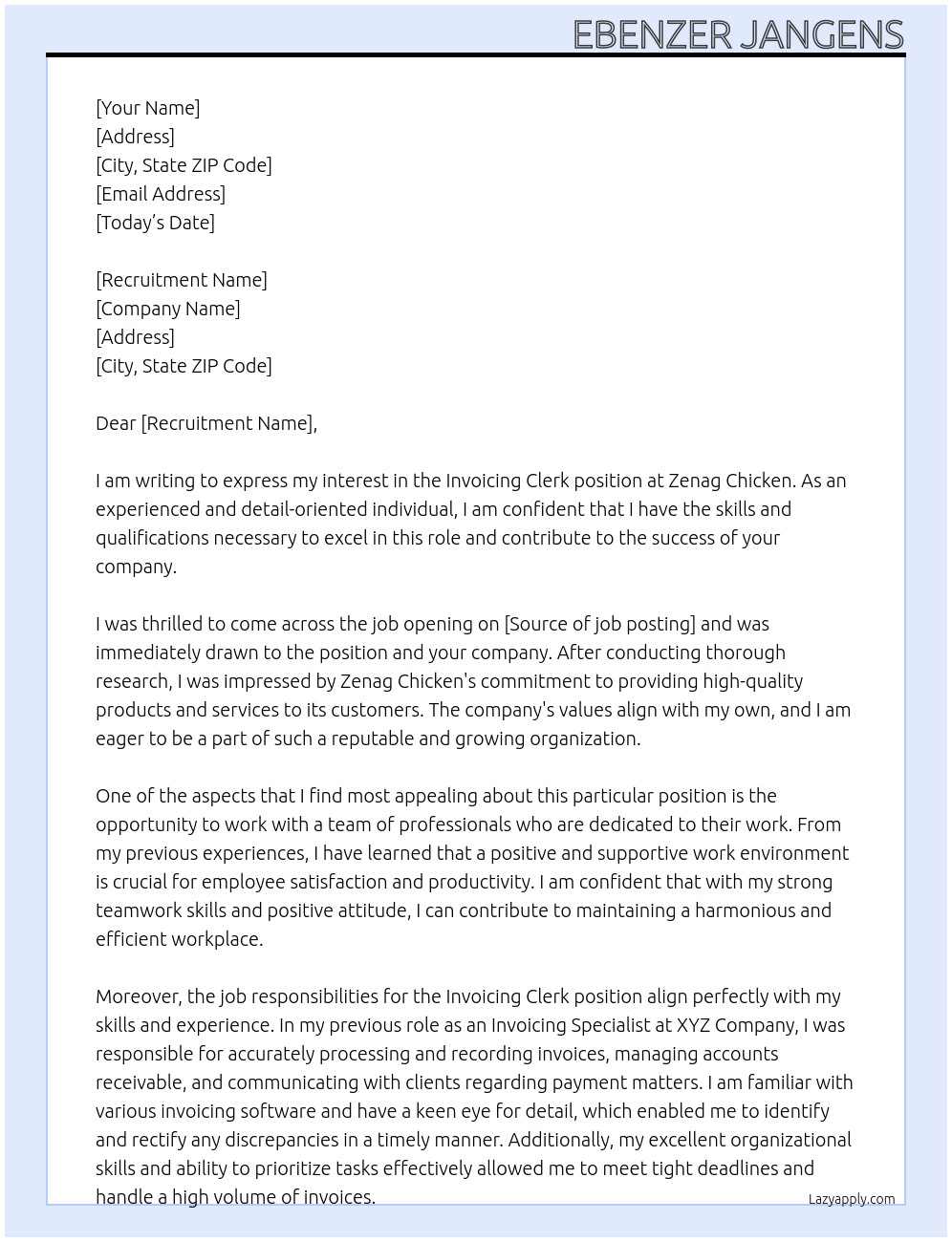 Invoicing Clerk At Zenag Chicken Cover Letter