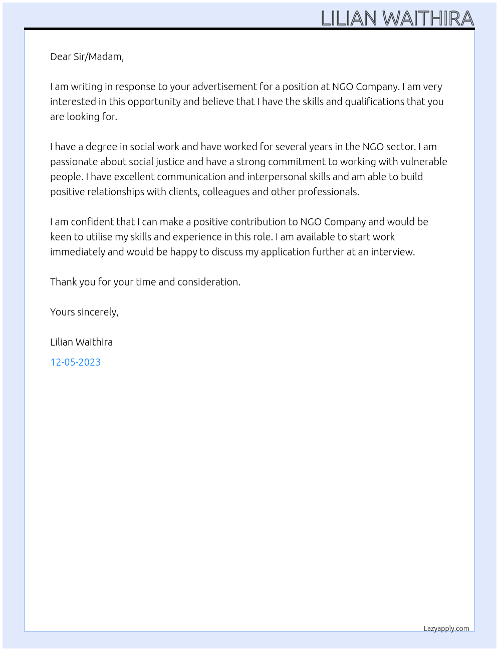 NGO At NGO COMPANY Cover Letter