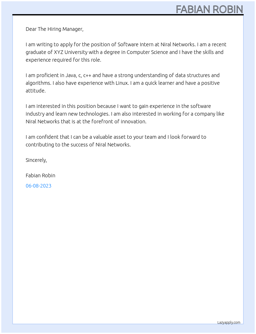 Software Intern At Niral Networks Cover Letter