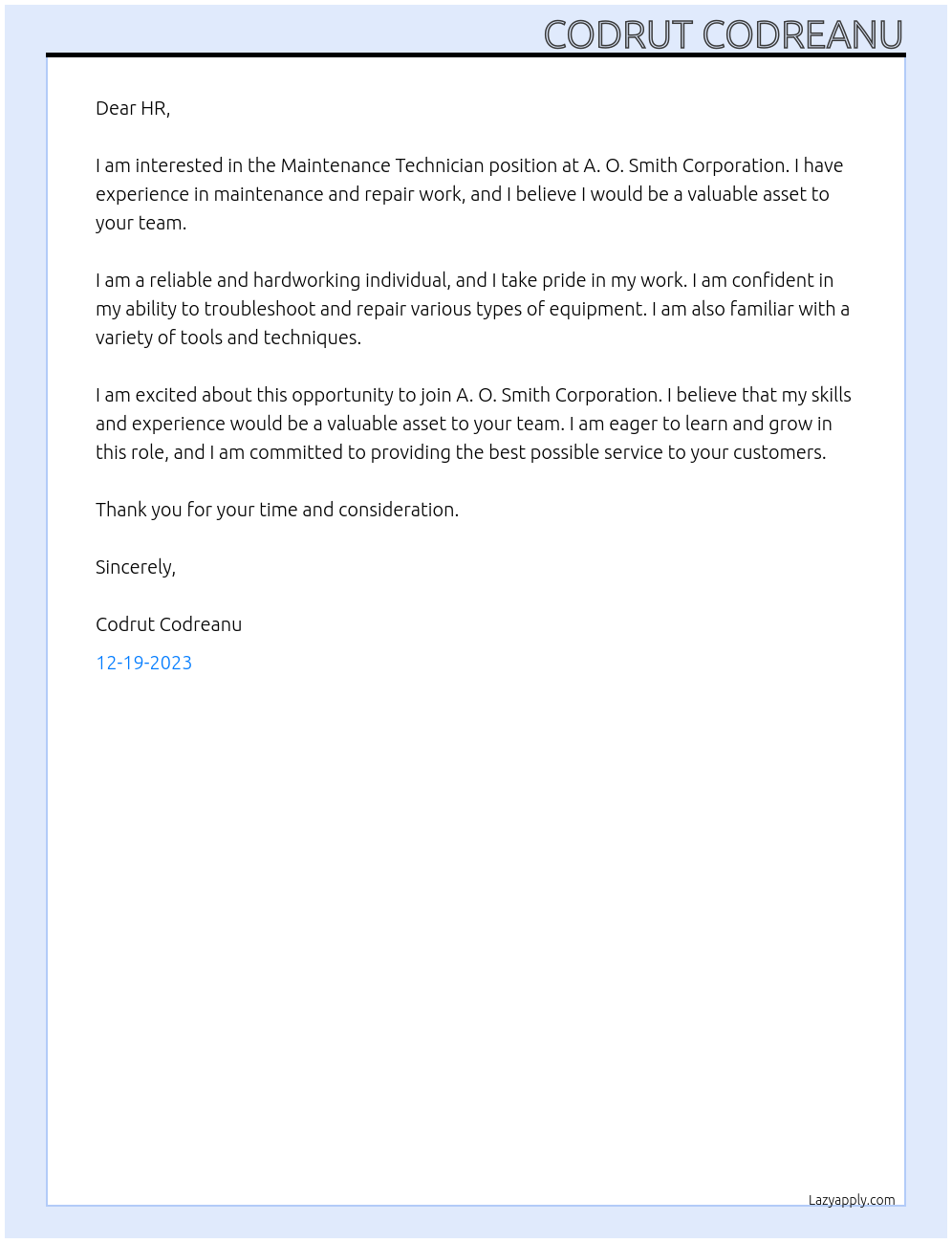 Maintenance Technician At A. O. Smith Corporation Cover Letter