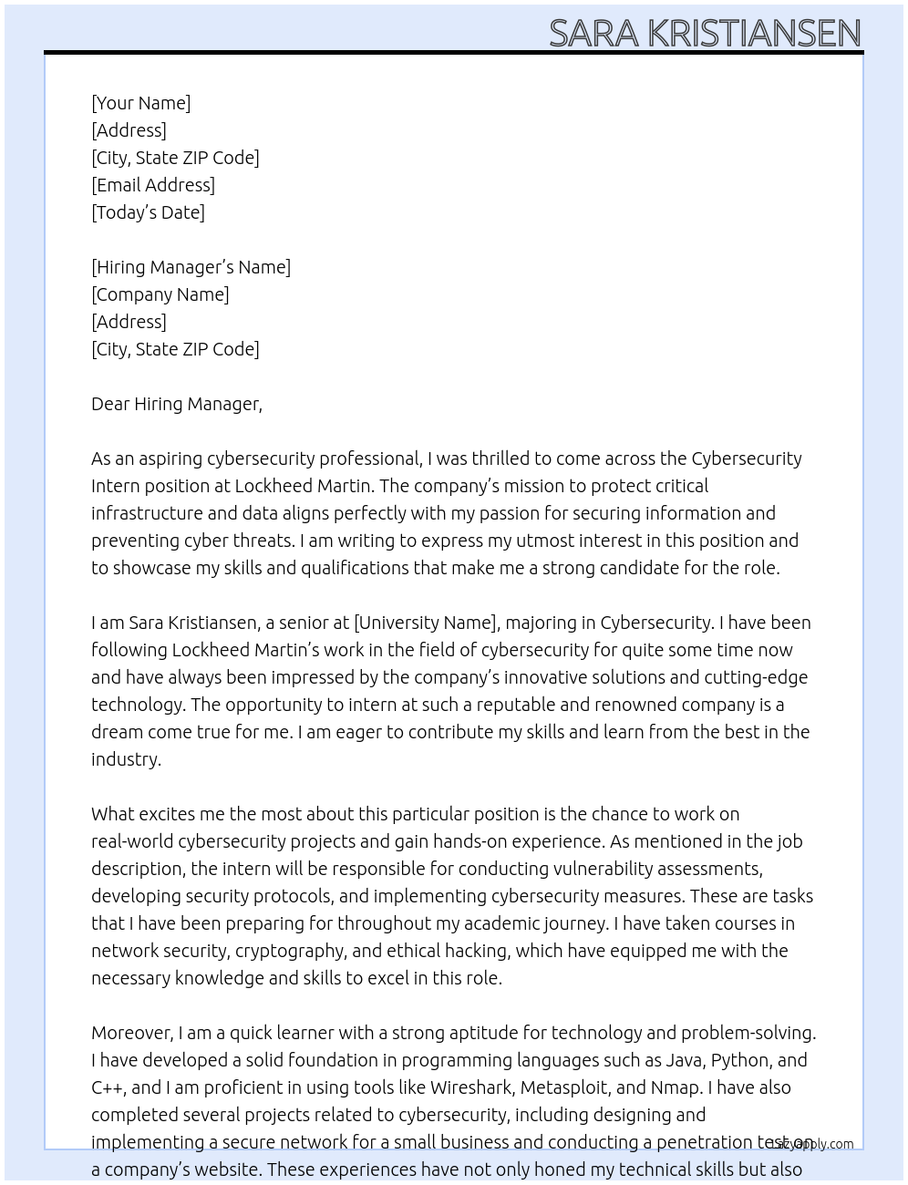 Cybersecurity Intern At Lockheed Martin Cover Letter